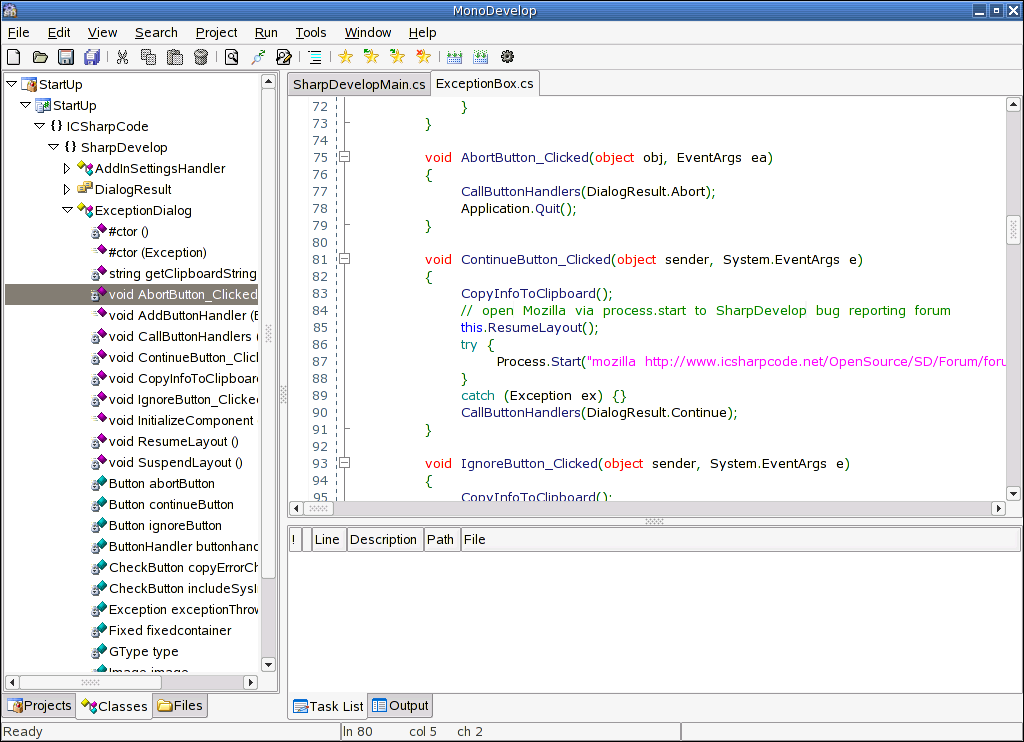 MonoDevelop source code with the class viewer